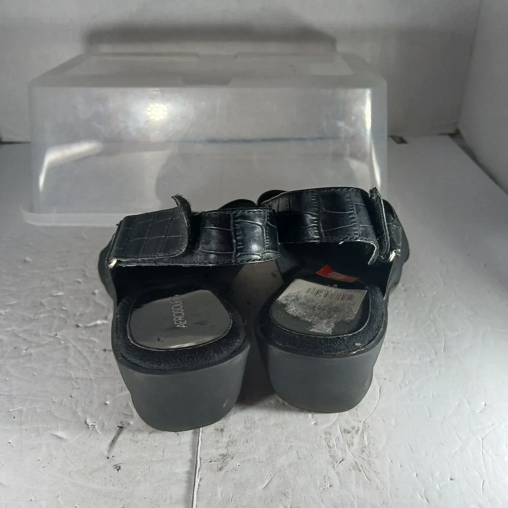 Aerosoles Badlands Wedge Sandals 7.5 Black Faux Croc Slingback Comfort Shoes